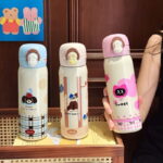 Cartoon Thermos for Students, Portable New Water Bottle Stainless Steel Double Drinking Straw Cup